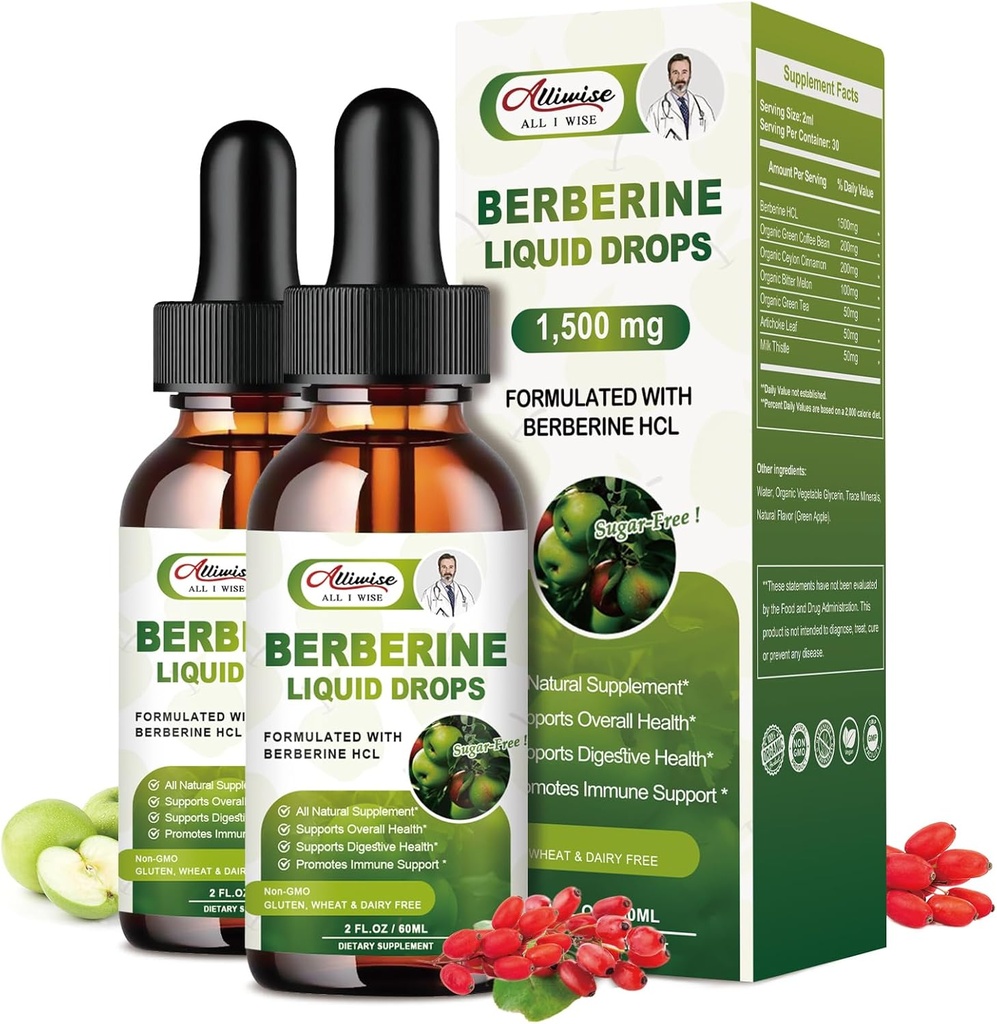 2 Pack Berberine Supplement Liquid Drops for Immuun System & Digestief Systeem Ondersteuningen -Premium Berberine HCL 1500mg met Pure Ceylon Cinnamon -4 Fl Oz