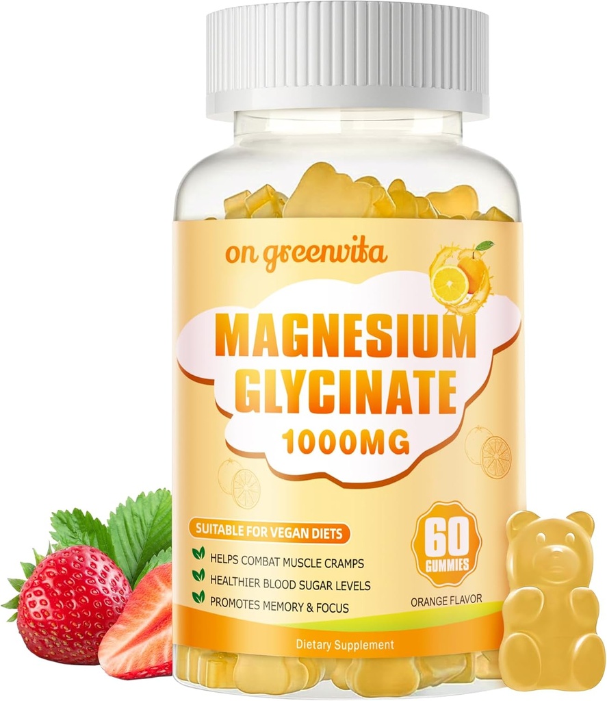 Magnesium Glycinate Gummies 1000mg - Suikervrij Magnesium Kalium Supplement met Vitamine D, B6, CoQ10 voor Kalm Mood & Slaap Ondersteuning - 60 Oranje Gummies