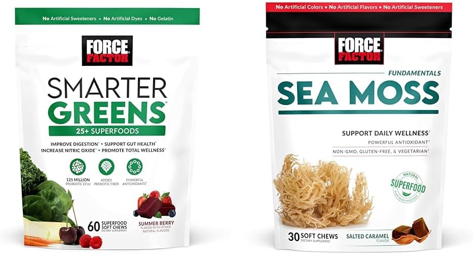 FORCE FACTOR Groenen Kauwen met 25+ Superfoods & Sea Moss Kauwen, 60 & 30 Tellen