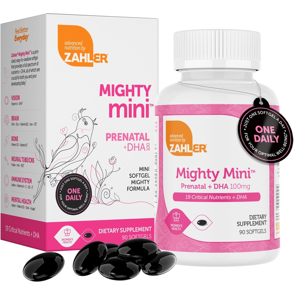 Zahler Machtige Mini Prenatale Vitamine met DHA & Folaat - Gecertificeerd Kosher - Alle natuurlijke prenatale Vitaminen - Multivitamine voor zwangere vrouwen - 19 Prenatale Vitaminen Inclusief Foliumzuur (90 Softgels)
