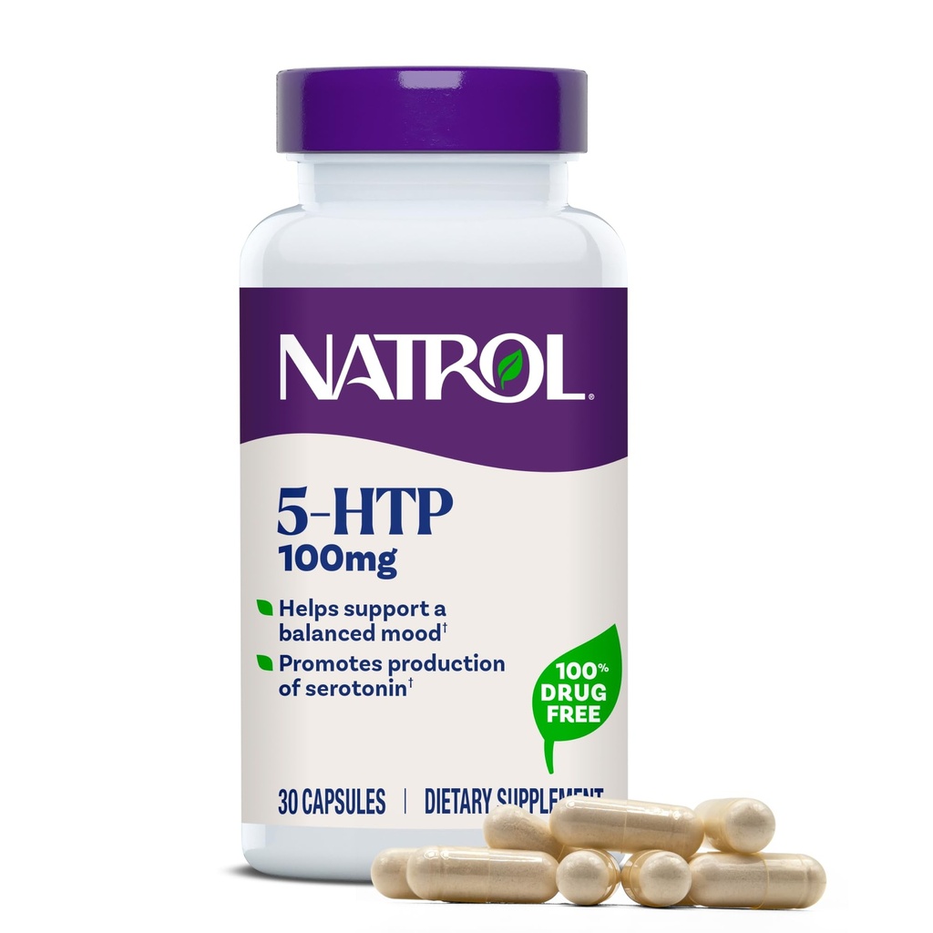 Natrol Mood + Stress 5-HTP 100 mg, Dieetsupplement voor een Balanced Mood, Capsules voor volwassenen, 30 capsules, Tot een 30-daagse levering
