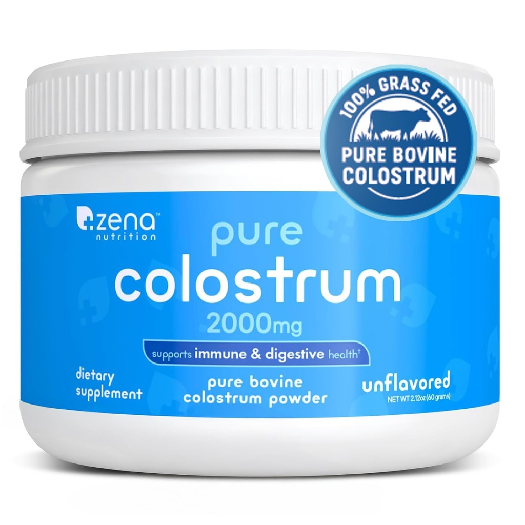 Zena Nutrition Bovine Colostrum Powder Supplement, 2000mg Pure Colostrum, Ondersteunt Immune en Digestieve Gezondheid, Promoot Gut Health, Keto, Glutenvrij, Vetvrij, Grass Fed, Unflavored, 30 porties
