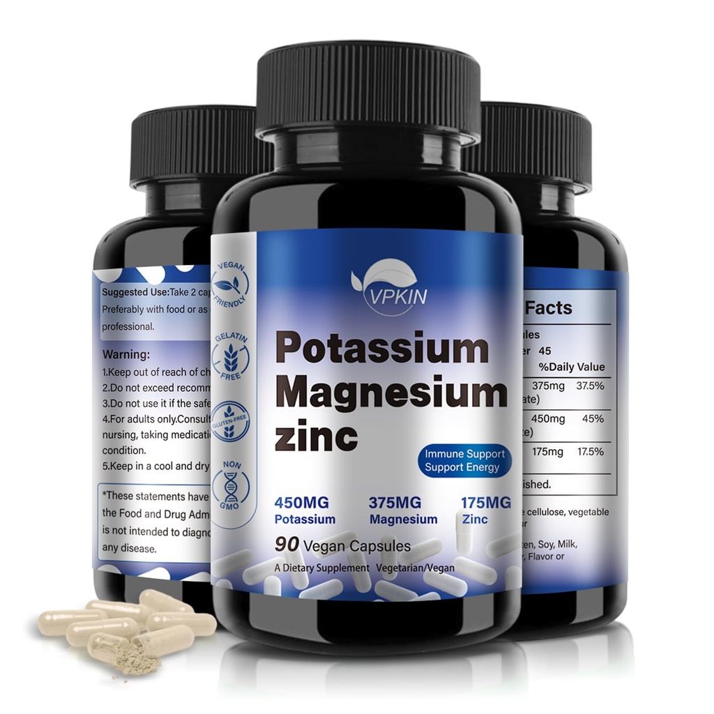 Kalium Magnesium Supplement 1000mg, Hoge Absorptie Magnesium Kalium Zink Aspartaat (90 Capsules)