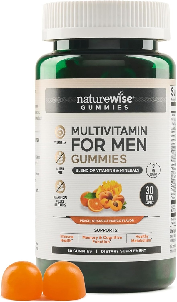 NatureWise Multivitamine for Men, Gummies Peach Mango Flavor, for Immune Health with Minerals & Vitamin A, C, D, E, B6 and B12, Vegetarian, Soy-Free, Non-GMO, 60 Count[1-maand levering]