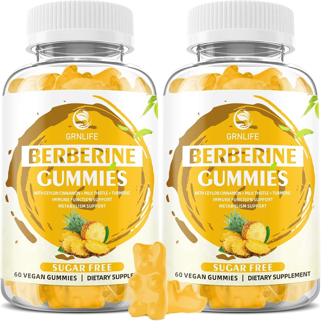 Berberine Gummies met Ceylon Cinnamon 1500mg High Potency Berberine HCL Supplement voor Immune en Metabolisme Ondersteuning, Suikervrij, Ananas smaak - 120 Tel.