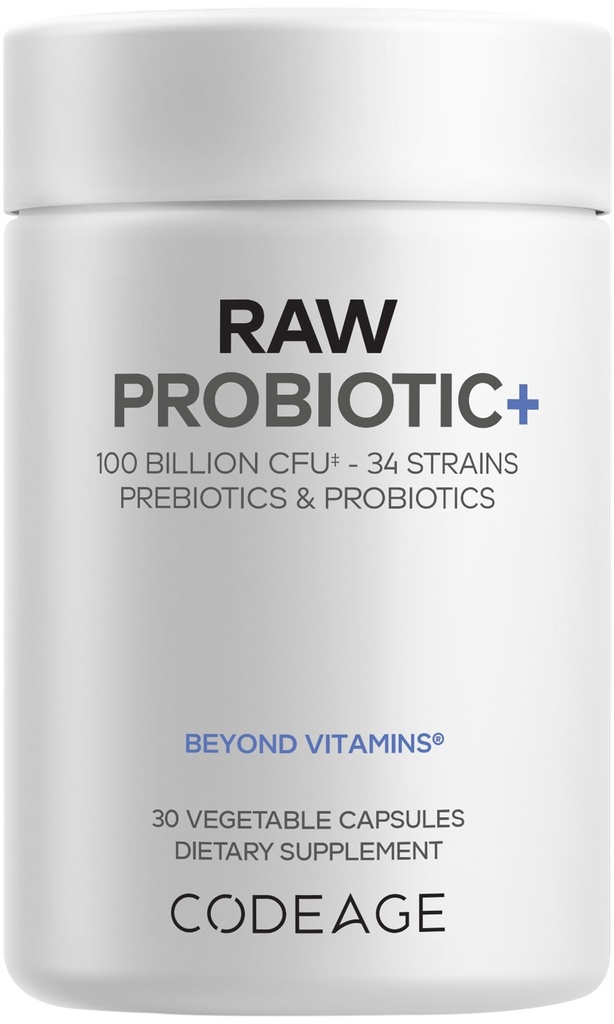 Codeage Raw Probiotic+ Supplement - 34 Probiotic Strains, 100 Miljard CFUs, Raw Whole Food Probiotics, Digestive Enzymes, Raw Fruits & Veggies Prebiotics - Wild Kefir Culture - Non-GMO - 30 Capsules
