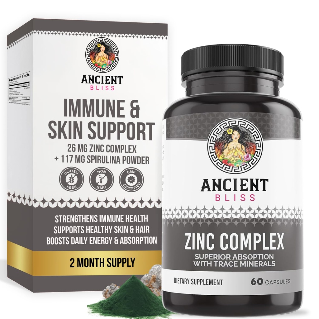 Zinc Complex Capsules with Enhanced Absorption, Antioxidant & Immune Support Supplement, Zinc Supplement for Men & Women by Ancient Bliss (60 Capsules)