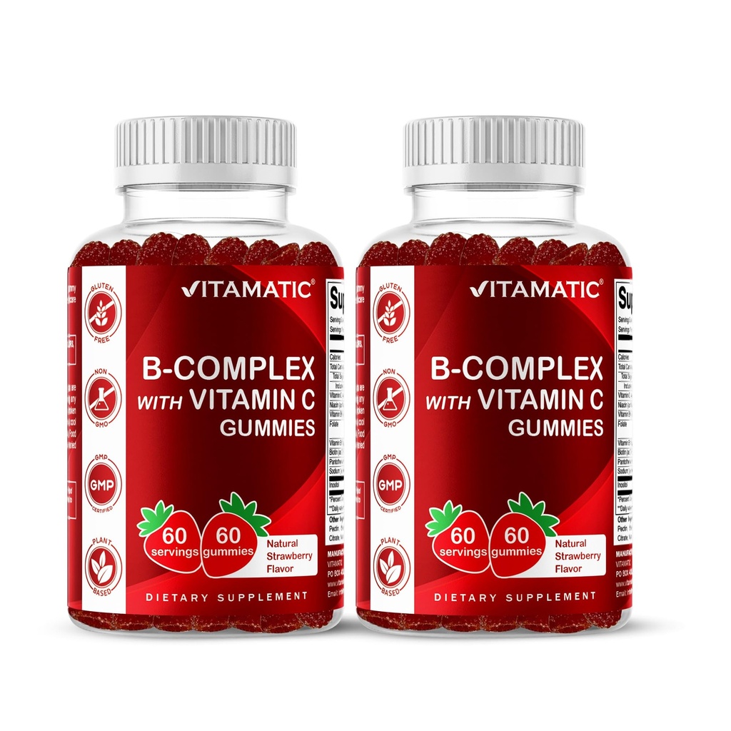 Vitamatic Vitamine B Complex Gummies with Vitamin C & Inositol - Natural Strawberry Flavor - 60 Gummies (2 flessen)