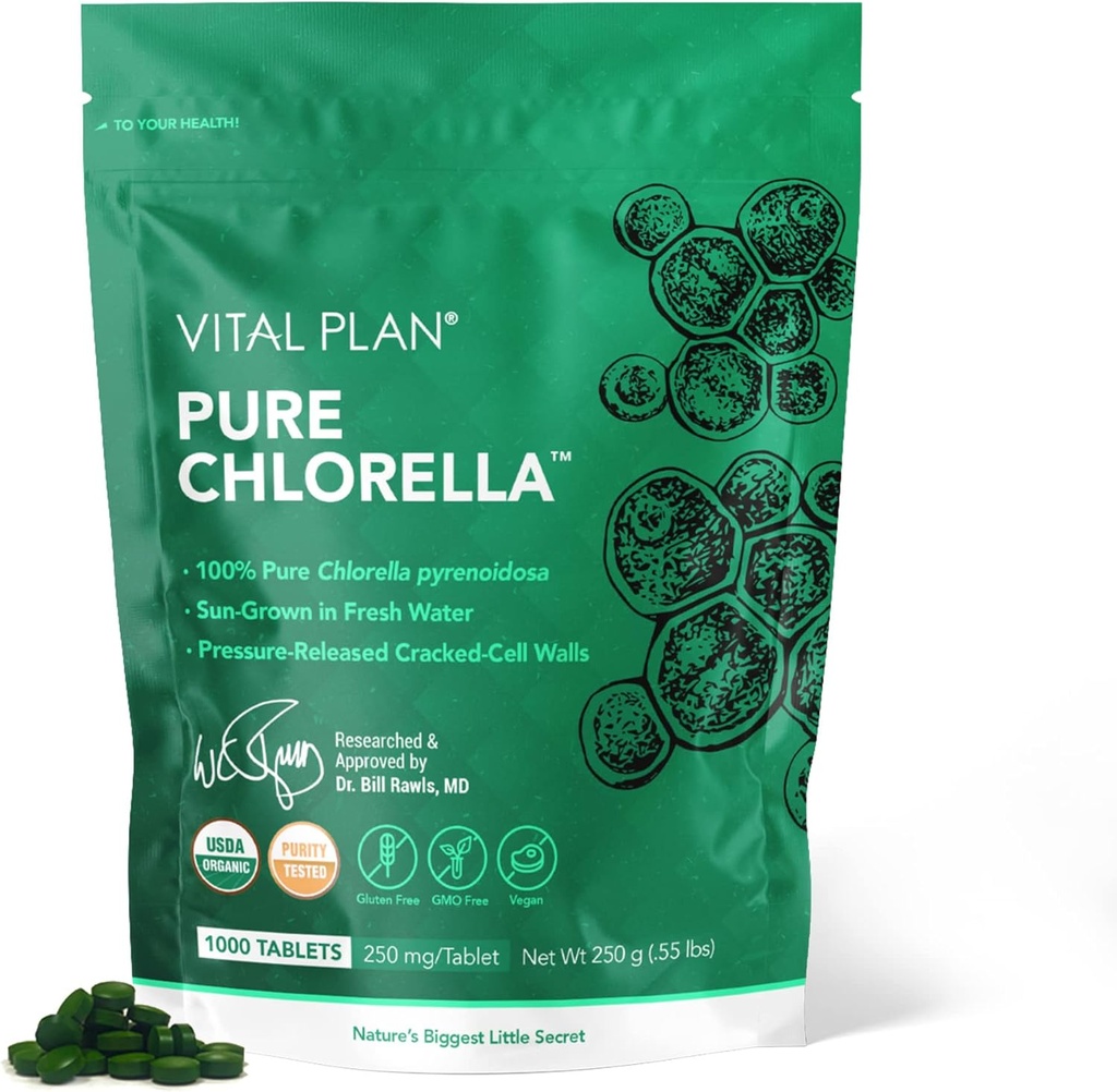 Vital Plan Pure Chlorella Tablets - Sun grown Chlorella Pyrenoidosa Supplement door Dr. Bill Rawls w/Broken Cell Wall - Organic Chlorella w/Chlorofyl, Cracked Cell Wall & No Fillers (1000 Tabs)
