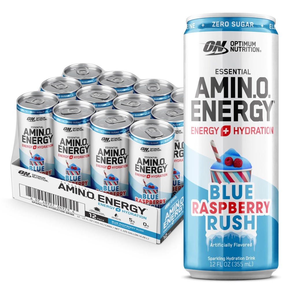 Optimale Voeding Amino Energie Sparkling Hydration Drink, Elektrolyten, Cafeïne, Aminozuren, BCAA's, Suikervrij, NIEUW Blue Raspberry Rush, 12 Fl Oz, 12 Pack (Verpakking mei Vary)