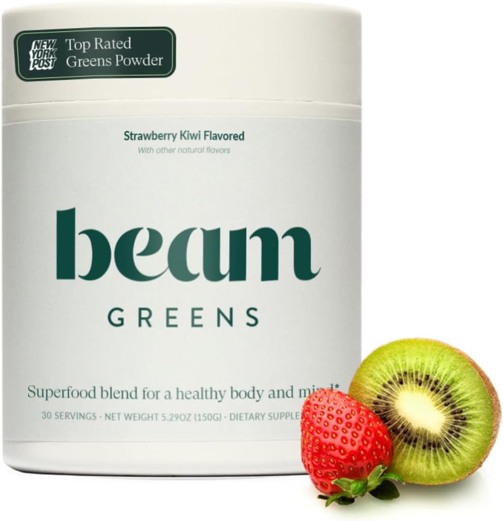 Beam Greens Powder, Superfood Supplement for Gut Health, Vegan Organic Blend with Ashwagandha, Vitamin C, B12, B6, D, Non-GMO Daily Detox & Immune Support, Strawberry Kiwi Flavor - 30 Servings