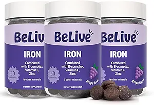BeLive Iron Gummies - Multivitamine Iron Supplement met vitamine C, A, B & Zink, Ondersteunt Blood Oxygen, Vegan supplementen voor vrouwen, mannen en kinderen voor groei en ontwikkeling - Grape Flavor 3Pack
