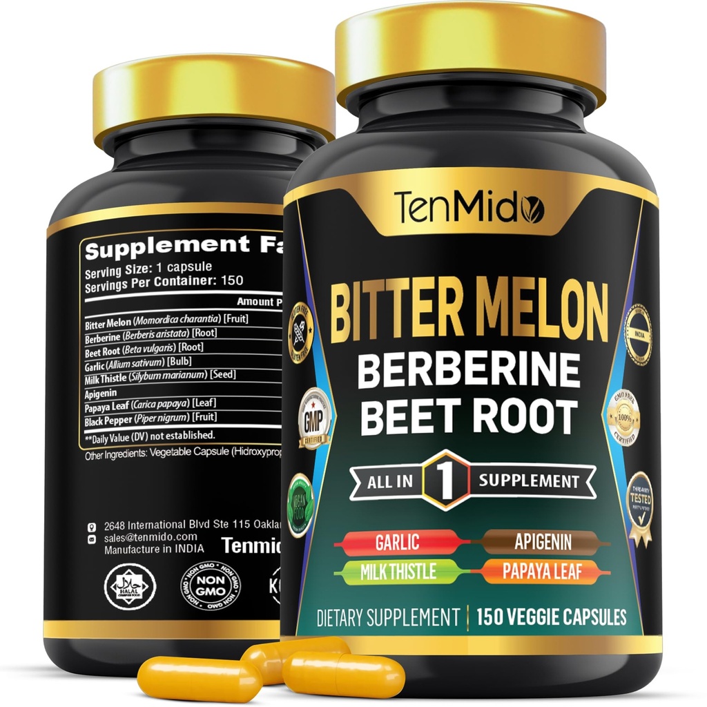 Bitter Melon Capsules - 8in1 Formula - Combineer met Berberine, Beetwortel, Knoflook, Milk Thistle, Apigenin, Papaya Leaf, en Black Pepper - 150 Vegan Capsules voor 5 maanden levering