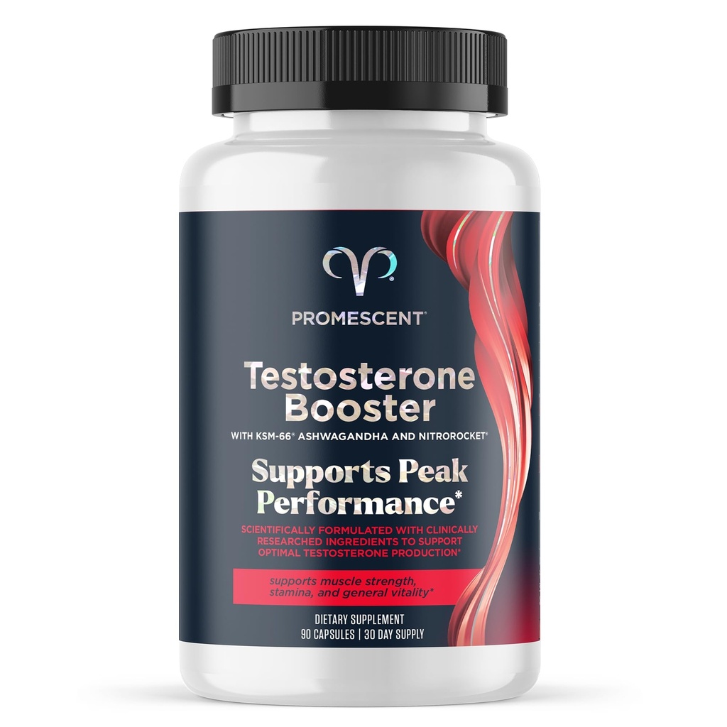 Promescent Testosteron Booster voor mannen Supplement w/Tongkat Ali (LongJack), KSM-66 Ashwagandha, Goat Weed, Fenegriek & Tribulus Terrestris, ondersteunt natuurlijke energie, uithoudingsvermogen & sterkte, 90 capsules