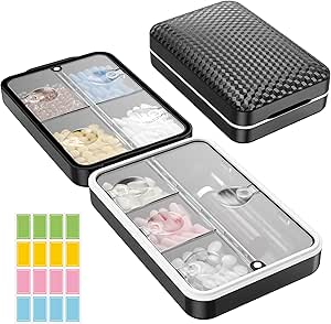 Restree Weekly Pill Organizer, Magnetic Moisture Proof Pill Case, Large Capacity Travel Pill Box with Inner Clear Lid for Vitamins, Supplements, and Daily Medications 8 Compartment (Black)