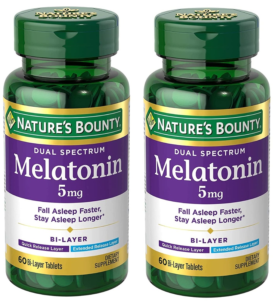 Nature's Bounty Melatonine 5mg Dual Spectrum, 100% Drugvrij Slaapsupplement, Quick Release en Uitgebreide Release, Promoot Ontspanning en Slaap Gezondheid, 60 Bi-Layer tabletten (pakket van 2)