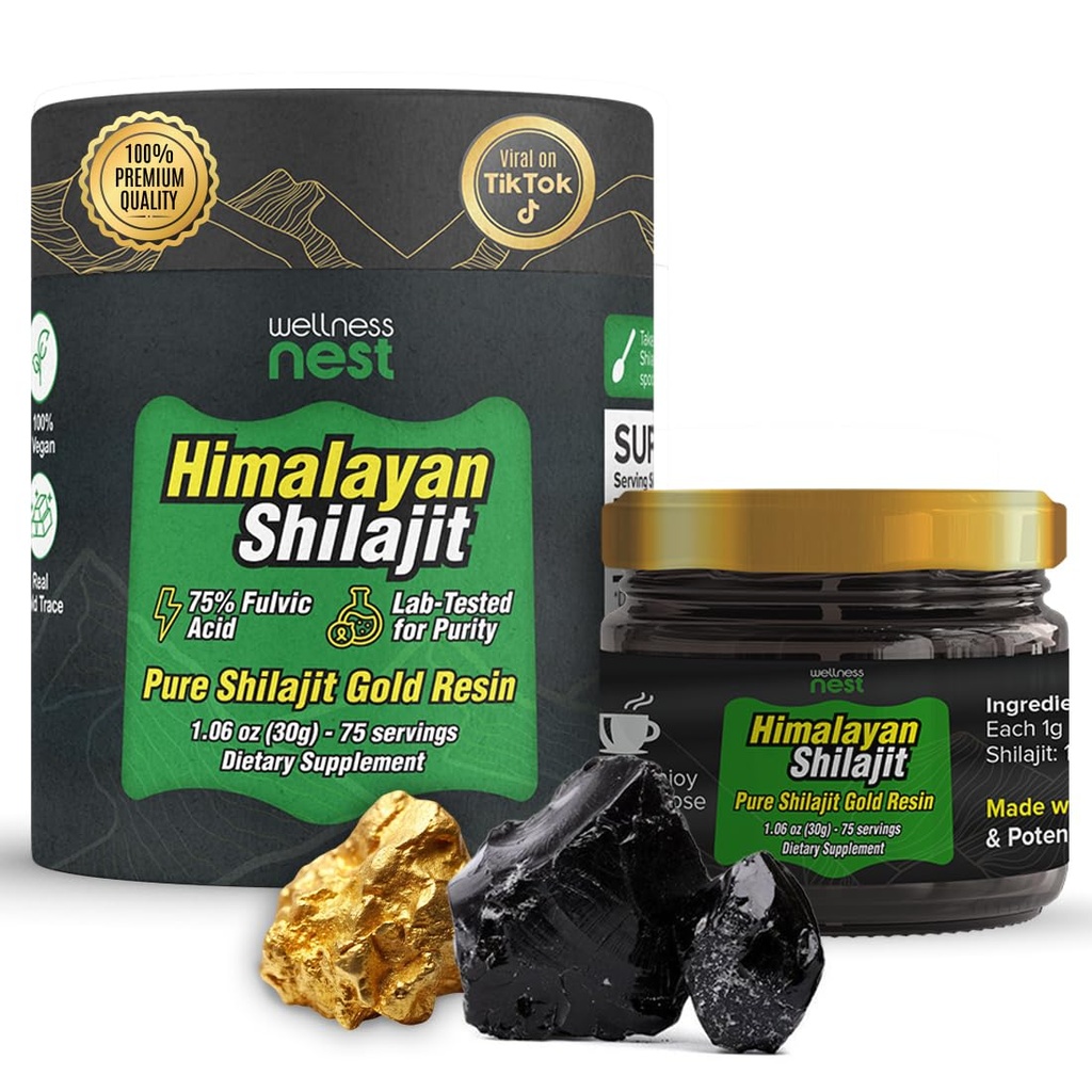 Wellness Nest Gold Grade Pure Himalaya Shilajit Resin: Ultimate Potency for Men & Women - 24k Gold, 75%+ Fulvinezuur, Lab Test Report Included - 30g (1 Pack), 75 Servings