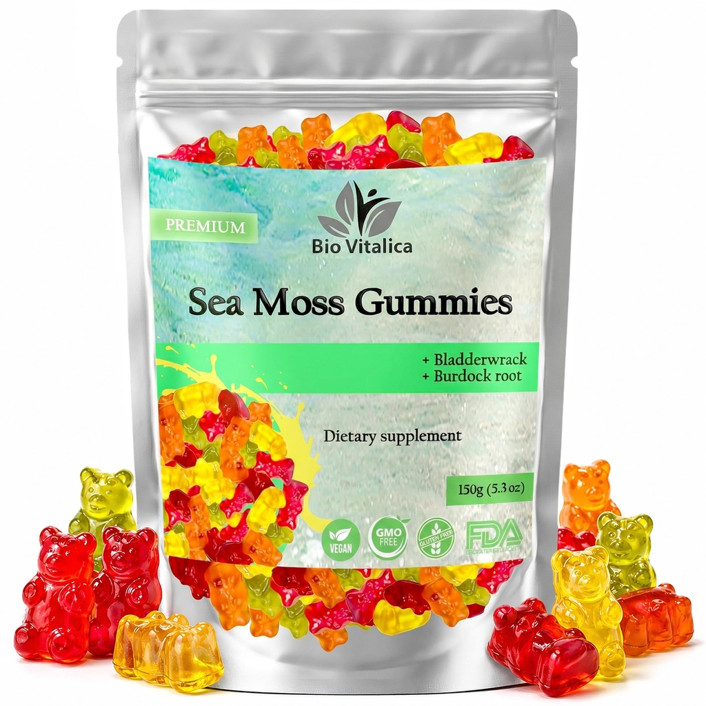 Sea Moss Gummies - Ierse zee Moss rauw Biologische, Bladderwrack, Burdock Root. Bevat Sea Moss Gel en Poeder. Superfoods voor Vegan, Keto en Dr Sebi Diet. Immune Boosting (1, Origineel)