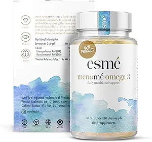 esmé menomé Omega 3 Dagelijkse voedingsondersteuning voor perimenopause, Menopauze en postmenopause 60 Capsules 30 Day Supply Food Supplement 660mg EPA & 440mg DHA per dagelijkse portie