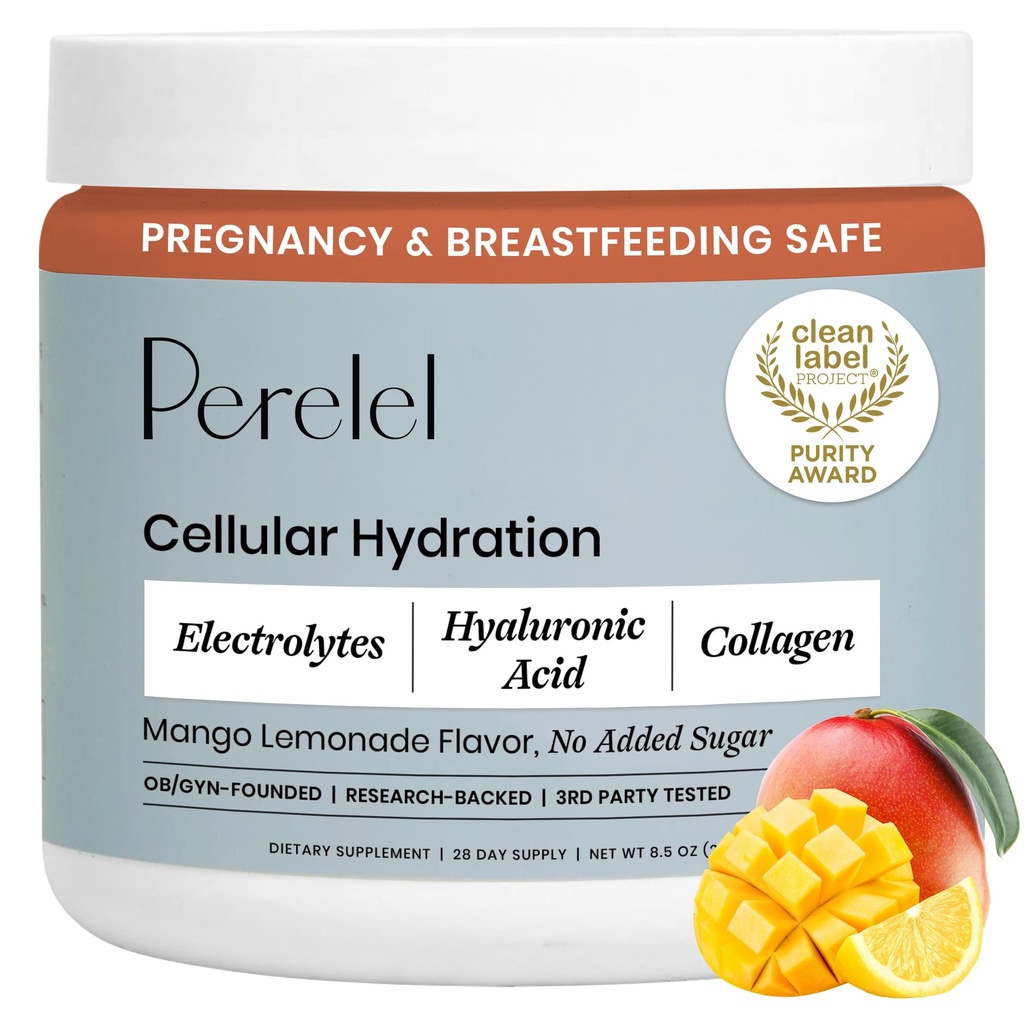 Pereel Hydration Powder, Electrolyte Supplement met Collageen & Hyaluronzuur, Mango Limonade Smaak, Soja & Gluten Vrij, Niet GGO, Geen Toegevoegd Suiker, 28 Servers