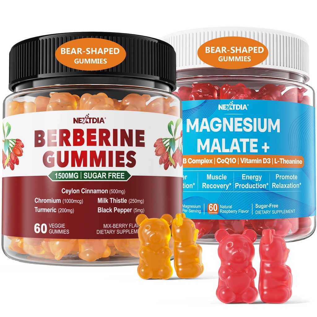 2Pack Berberine supplement Gummies 1500mg + 2Pack Magnesium Malate met CoQ10-100mg Gummies