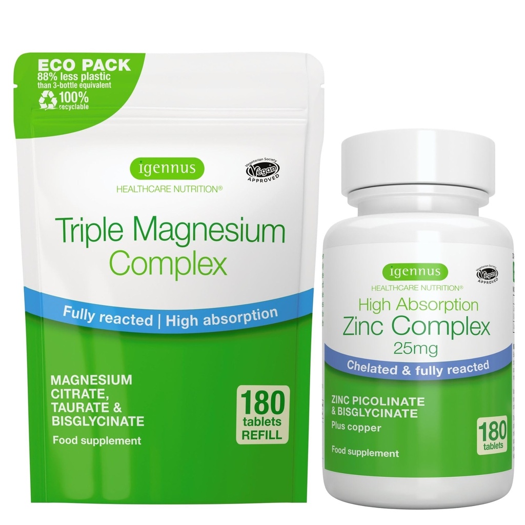 Triple Magnesium Complex 180 Tabletten + Zink Complex Vegan Bundle, Hoge Absorptie Gecheld Magnesium + 25mg Gecheld Zink Picolinaat & Bisglycinaat met Koper, door Igennus