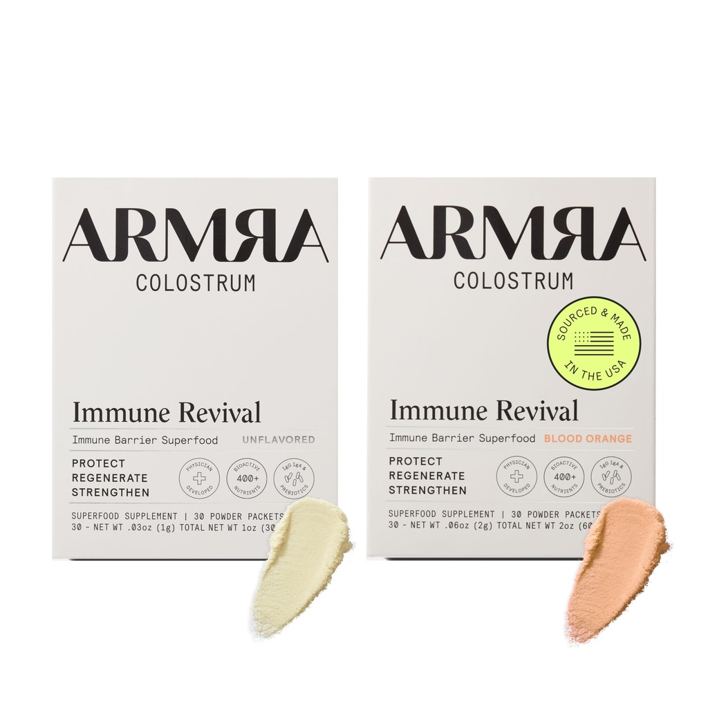 ARMRA ColostrumTM Premium Powder, Grass Fed, Gut Health Bloating Immunity Skin & Hair, Bevat 400+ Bioactieve voedingsstoffen, Keto, Gluten & Vetvrij (Unflavored, Blood Orange Bundle 60 Servers)