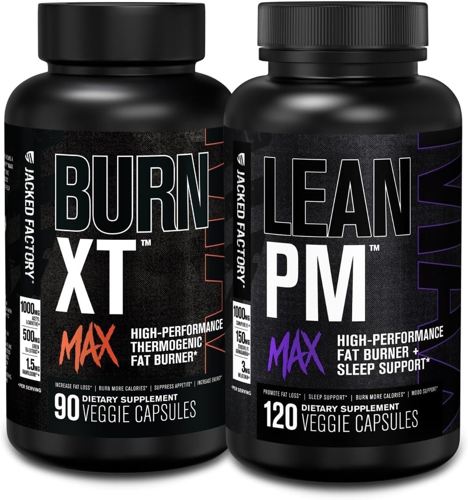 Jacked Factory Burn-XT Max - Thermogenic Fat Burner & Appetite Suppressant (90 Capsules) & Lean PM Max High-Performance Weight Loss, Fat Burner, & Appetite Suppressant (120 Capsules)