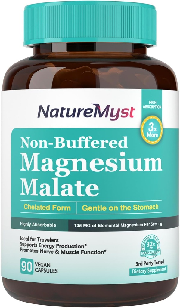Magnesium Malate, Chelated Form, Highly Absorbable, Non-Buffered, Gentle on Stomach, for Adults & Children, Flexible Dose, Energy Production, Nerve & Muscle Function, 90 Vegan Capsules