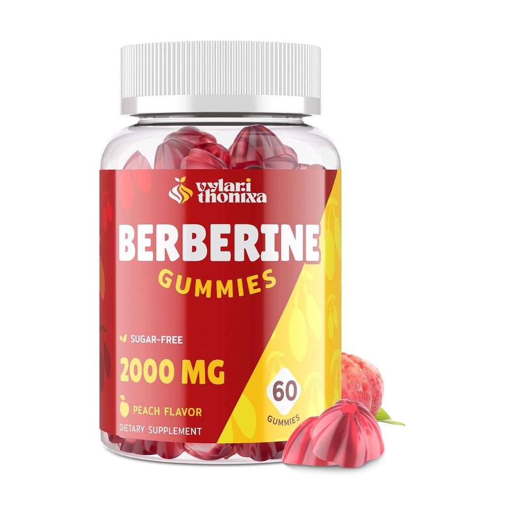 2000mg Berberine Supplement Gummies – High Potency Wellness Blend with Ceylon Cinnamon, Turmeric, Magnesium & Chromium, Vegan, Non-GMO, Gluten-Free, Peach Flavor, 60 Gummies - 1 Pack