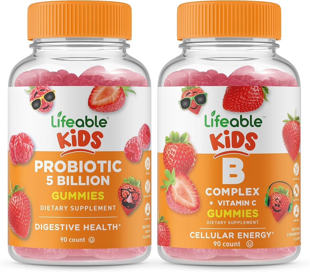 Lifeable Probiotics 5 Billion Kids + B Complex Kids, Gummies Bundle - Great Tasting, Vitamin Supplement, Gluten Free, GMO Free, Chewable Gummy