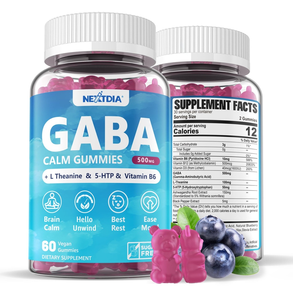 GABA Gummies 500 mg - Sugar-Free Calm Gummies with L Theanine, 5-HTP, Vitamins D3, B12, Ashwagandha, Melatonin-Free for Brain Calm, Mood, Zzz Better, GABA Supplement for Adult, Blueberry Flavor, 1Pack