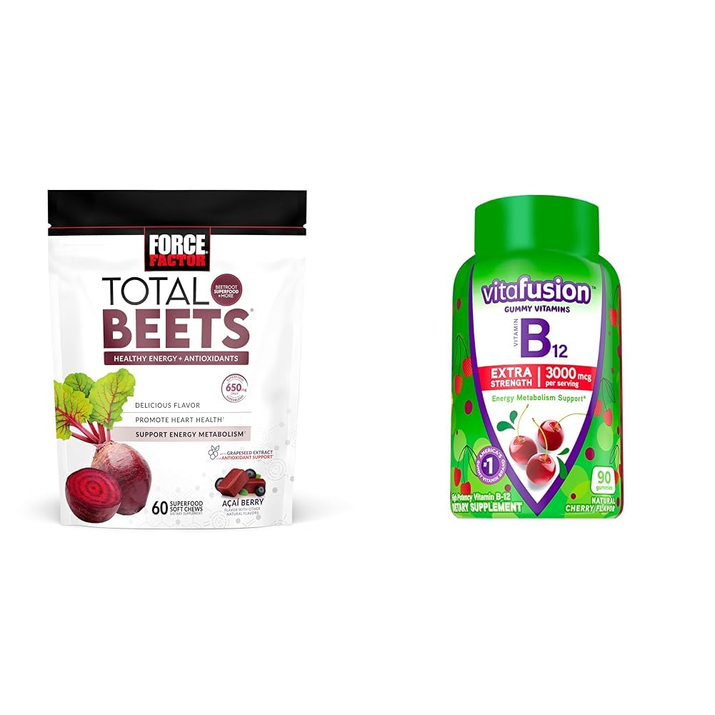 Force Factor Total Beets Kauwen met rode bieten en druivenzaad Extract Plus Vitafusion B12 Gummies, 90 Tel Cherry Flavor