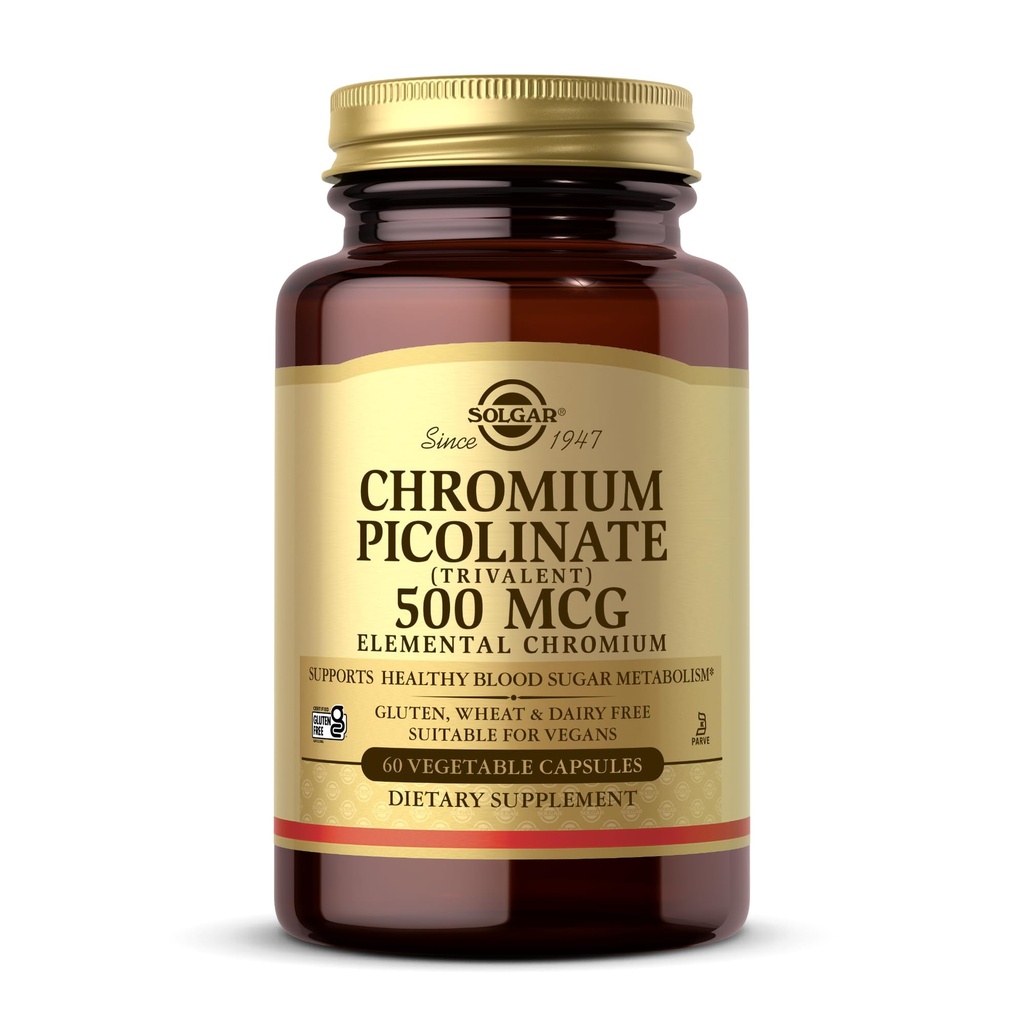 Solgar Chroom Picolinaat 500 mcg - 60 plantaardige capsules - Ondersteunt Suiker, vet en eiwit Metabolisme - Non-GMO, Glutenvrij, Kosjer - 30 porties