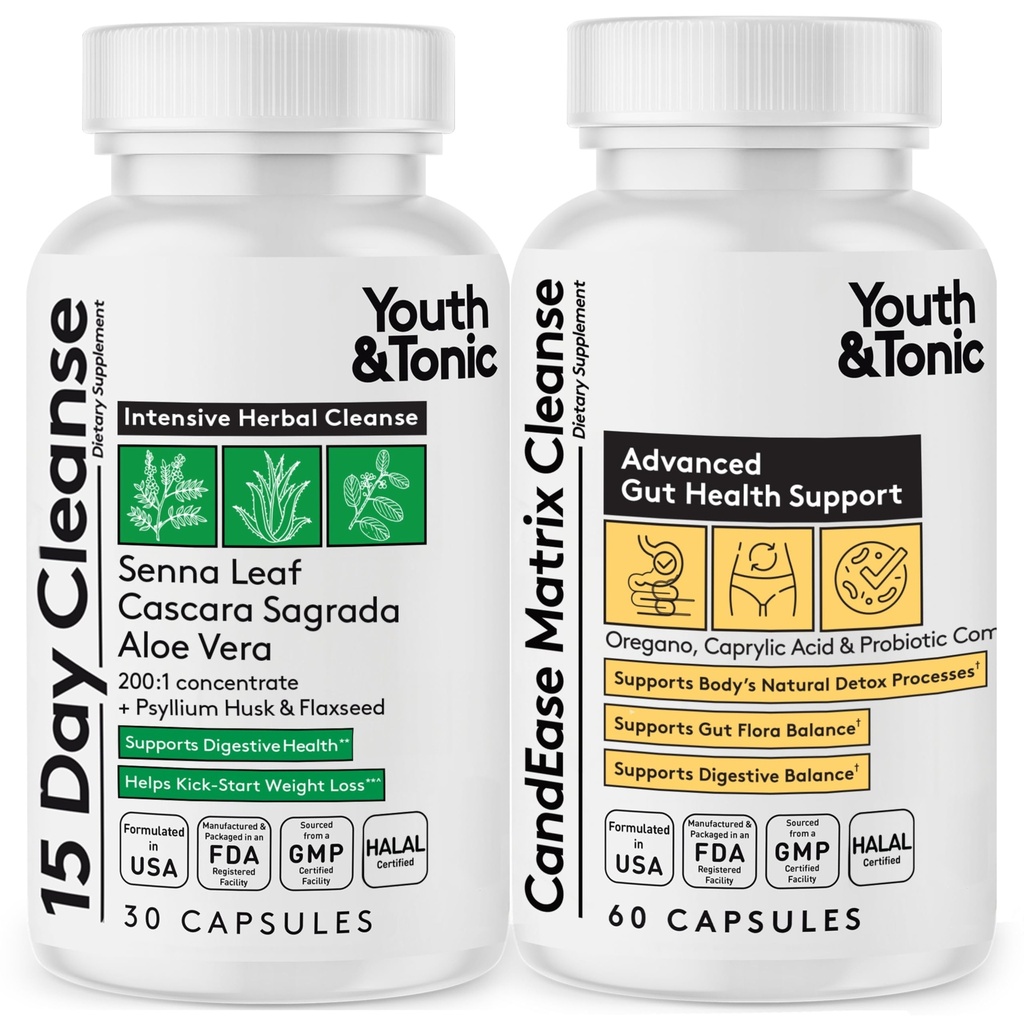 Youth & Tonic Colon Cleanse and CandEase Matrix Pillen Ondersteuning voor Body Detox Gut Health & Intestinal Flora Herstel normale zuurgraad