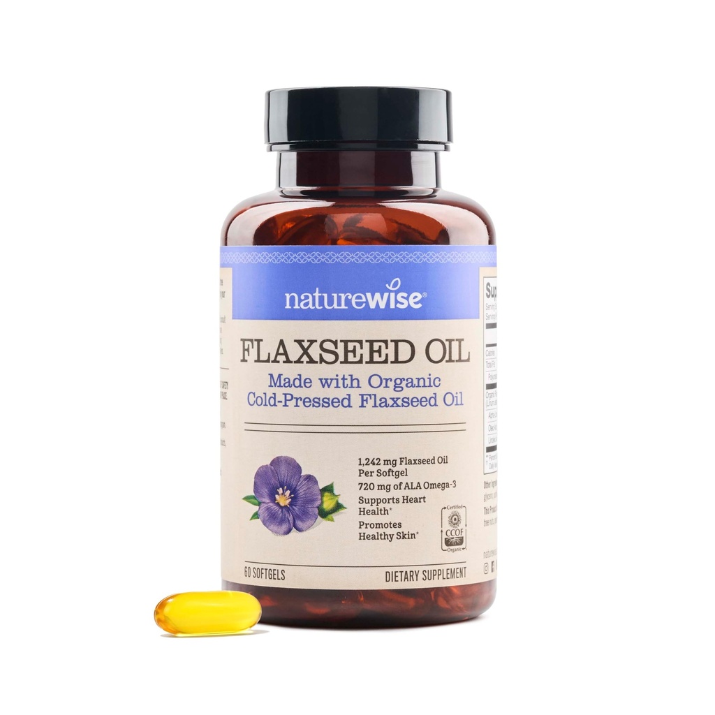 NatureWise Flaxseed Oil 1200 mg, Visvrij Omega 3 6 9 met 720mg ALA, Dieetsupplement voor Hartgezondheidsondersteuning - Organisch, Koud Geperst, Niet-GMO - 60 Softgels [59]