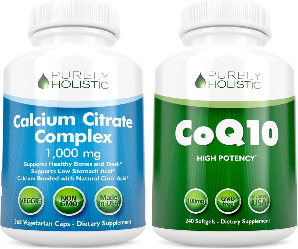 Calcium Citrate Complex 1000mg + CoQ10 100mg - 365 Vegan Capsules + 240 Softgels Bundle - Without Vitamin D - Made in USA