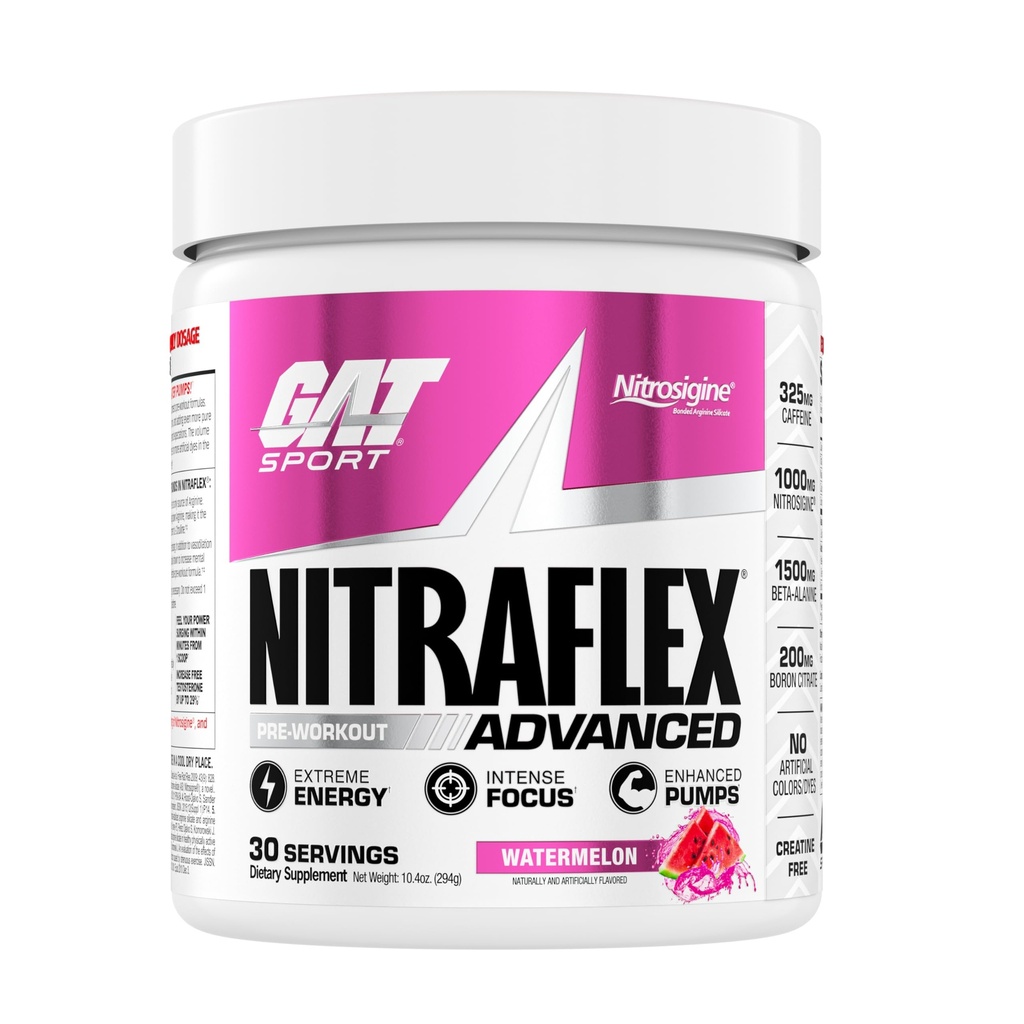 GAT SPORT Nitraflex Advanced Pre-Workout Powder, verhoogt de bloedstroom, verhoogt sterkte en energie, verbetert de oefening prestaties, Createine-Free (Watermelon, 30 porties)