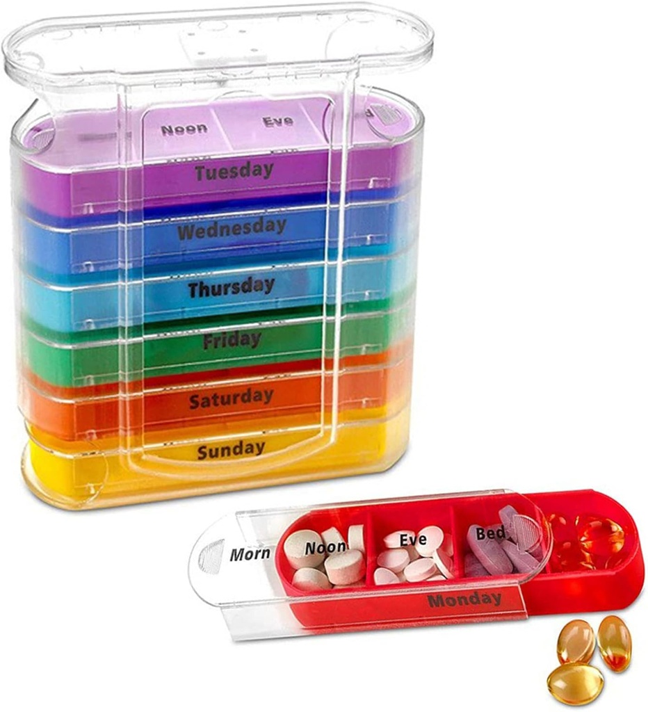 ABSOK Weekly Stapelbare pil Organizer,4 keer Een dag pil Organizer Box Morgen, middag, avond, en bedtijd,7 Stapelbare afdelingen