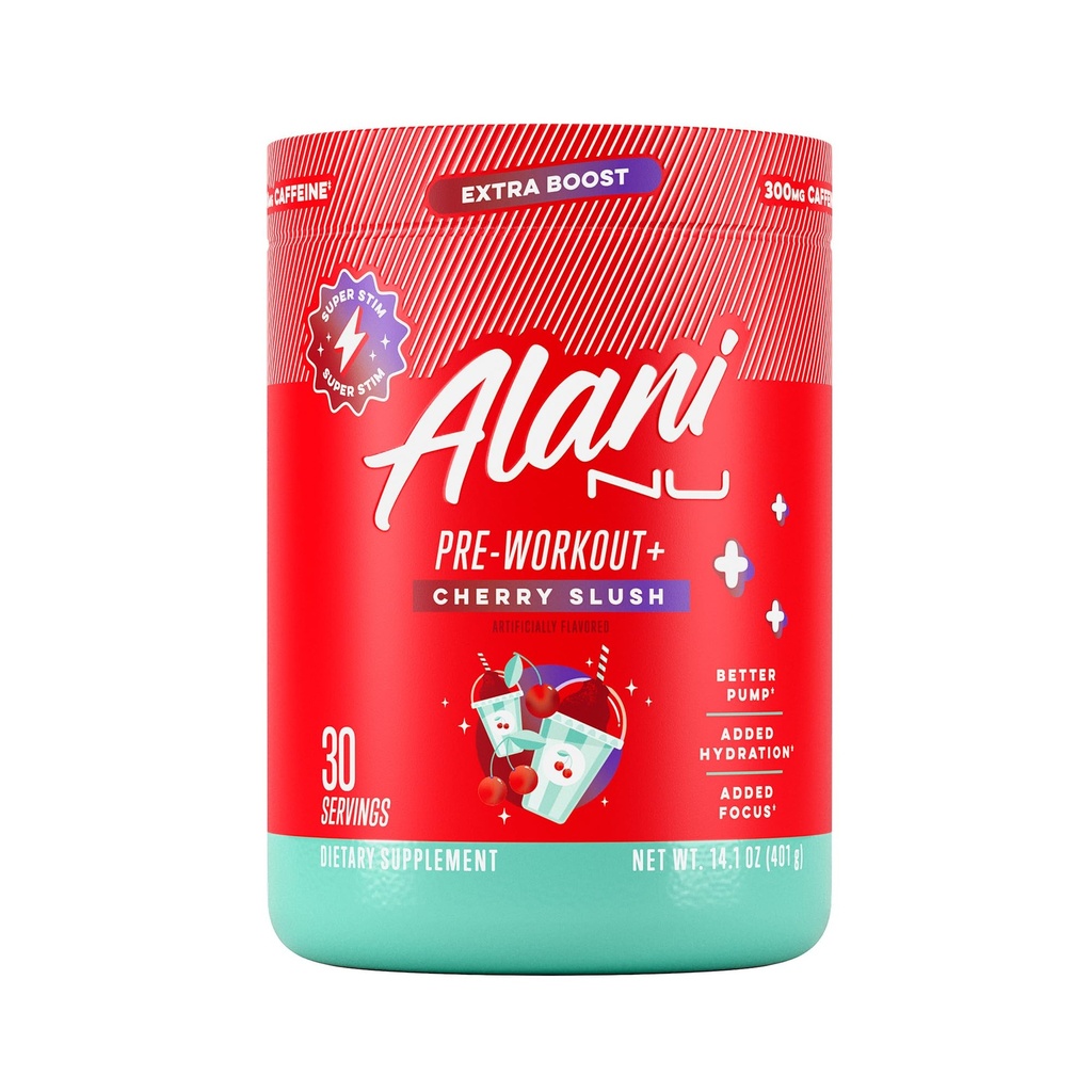 Alani Nu Pre workout+ Poeder Cherry Slush, Extra Boost, Suikervrij, 300mg Cafeïne, L-Theanine, Beta-Alanine, Citrulline, 30 porties