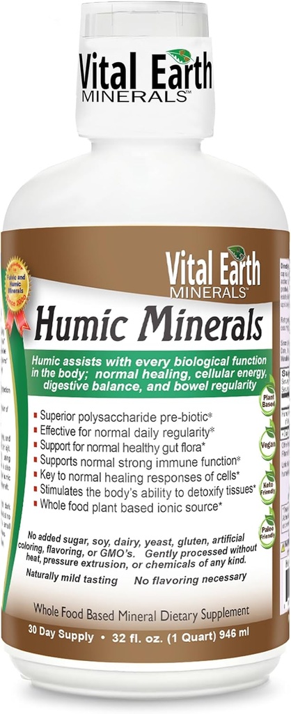 Earth Minerals Humic Minerals Fulvic Acid Supplement met 70+ Trace Minerals, Elektrolyten voor Herstel & Balance, 32 Oz + 1 Oz Cup