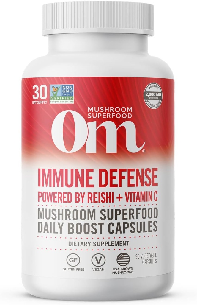 Om Mushroom Superfood Immune Defense Mushroom Capsules Superfood Supplement, 90 Tellen, 30 Dagen, Paddenstoel Blend, Reishi, Turkije Tail, Maitake, Agaricus Blazei, Vitamine C, Vegan