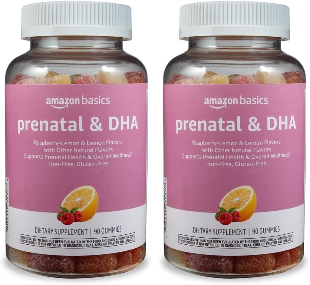Basics Prenatal & DHA Gummy, Rasberry & Citroen smaak, 90 Tellen (voorheen Solimo) (pakket van 2)