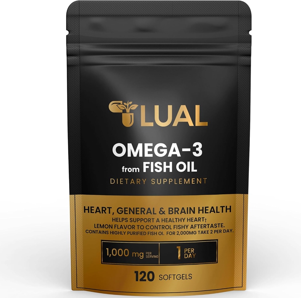 LUAL Omega-3 Visolie Softgels 1000mg met EPA en DHA, Citroensmaak, Burpless, Non-GMO Formule voor Hart, Hersenen en Totale Wellness