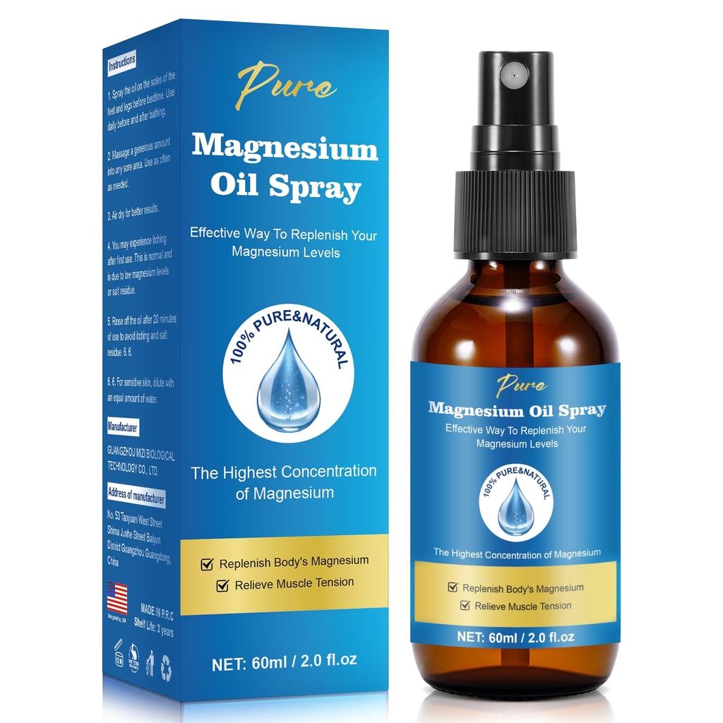 Pure Magnesium Oil Spray, Magnesium Spray, Magnesium Oil for Feet, Magnesium Glass Bottle,2 fl oz/60ml, Makkelijk te absorberen en te gebruiken