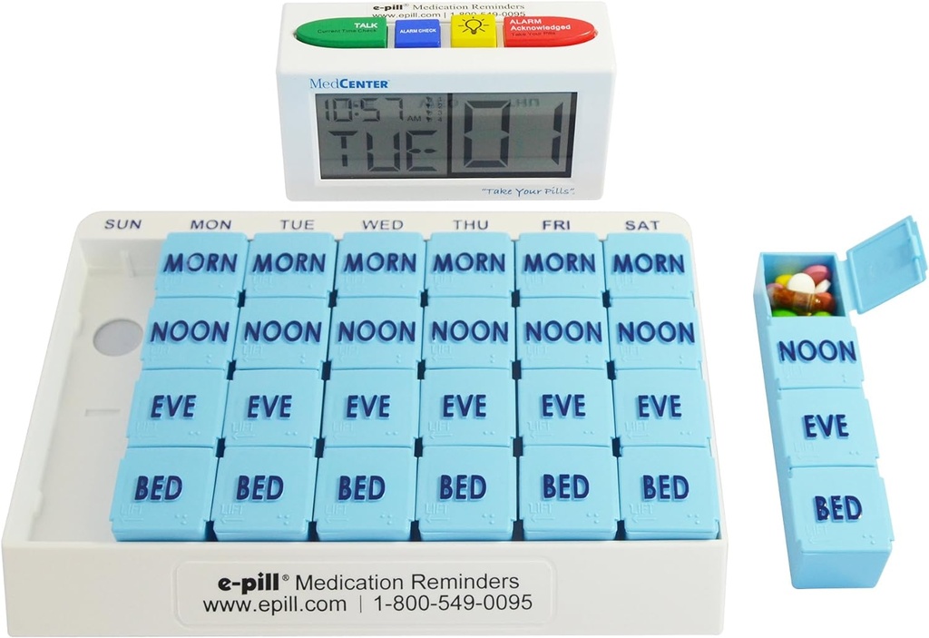 e-Pill 4 keer per dag x 7 dagen Grote Wekelijkse Pillen Organisator, Vitamine en Medicine Pillenbox - met 4 Alarm Praten Herinnering