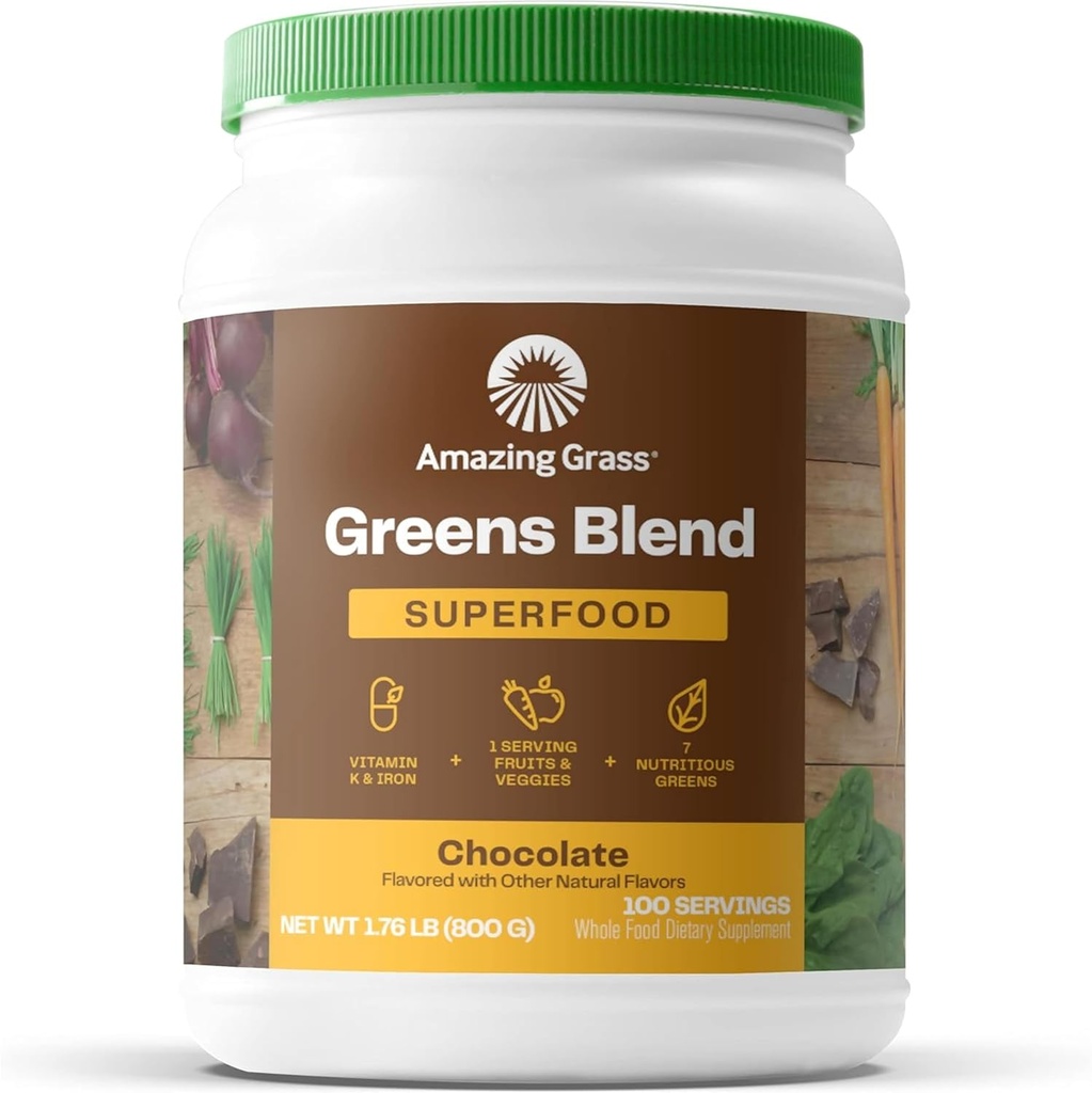 Verbazingwekkend gras Groenen Superfood Poeder: Groen poeder met digestieve enzymen & Probiotica, Organische Spirulina, Chlorella, en Beetwortelpoeder, Chocolade, 100 porties