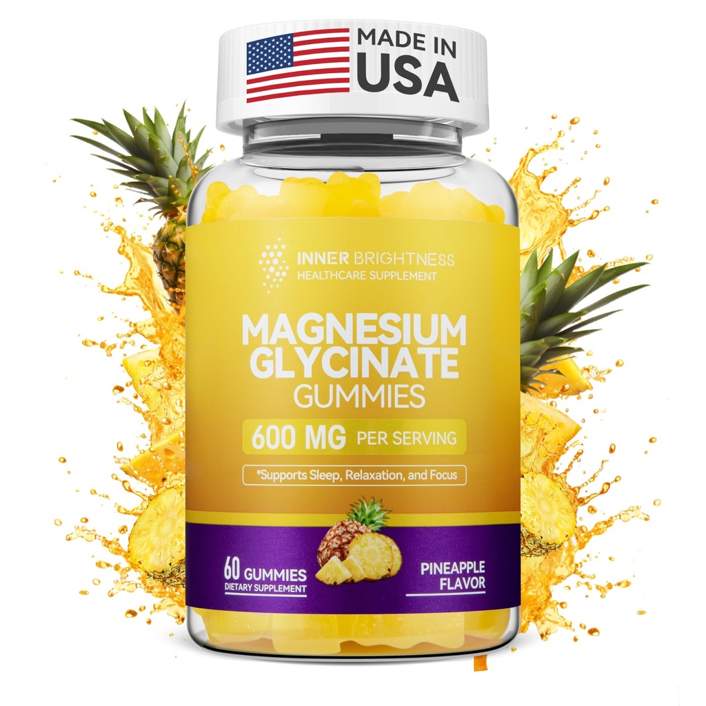 Magnesium Glycinate Gummies 600mg, Non-GMO, Glutenvrij, Magnesium Gummies voor volwassenen & Kids, Slaap, Ontspanning & Focus, Ananas smaak, 60 Tel.
