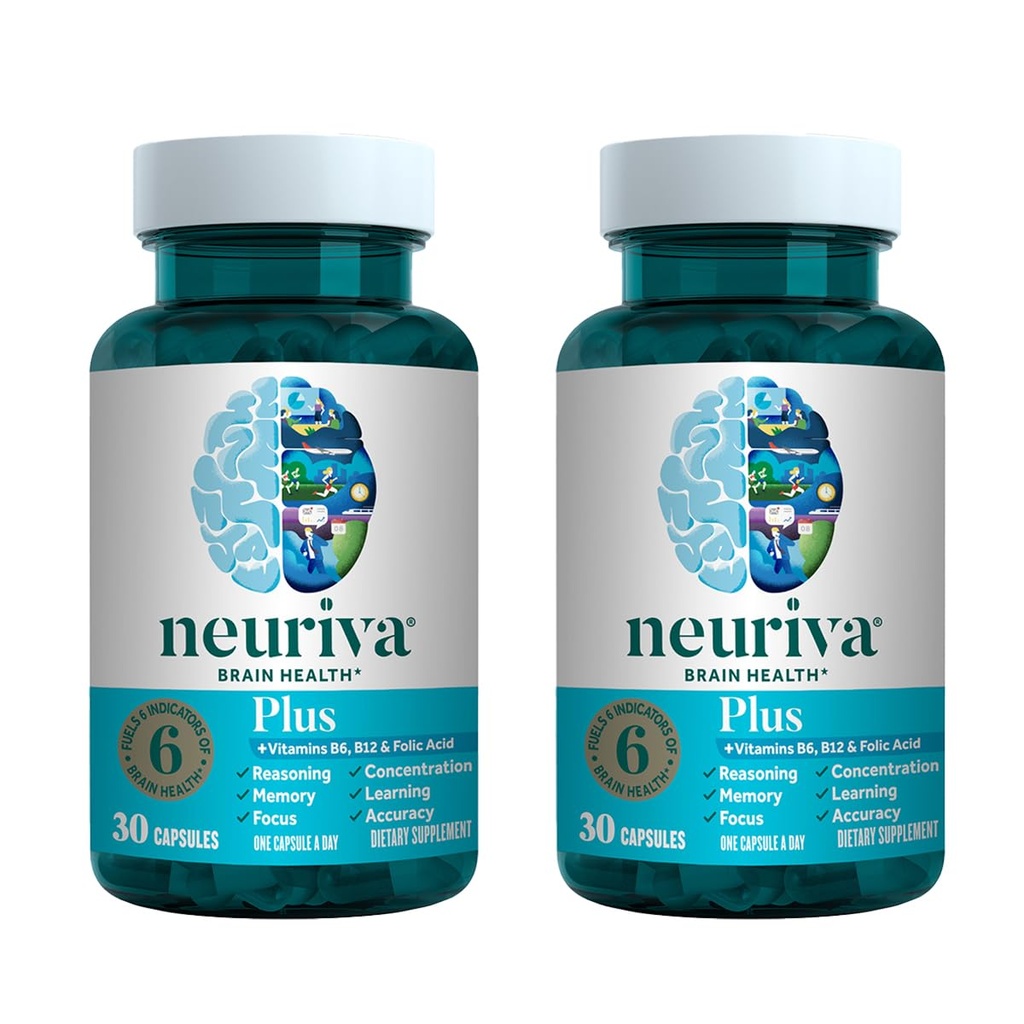 NEURIVA Plus Hersensupplement voor Geheugen, Focus & Concentratie + Cognitieve functie met klinisch geteste Nootropics Fosfatidylserine en Neurofactor, VIT B6 & B12, 30 Count Capsules (2 verpakkingen)