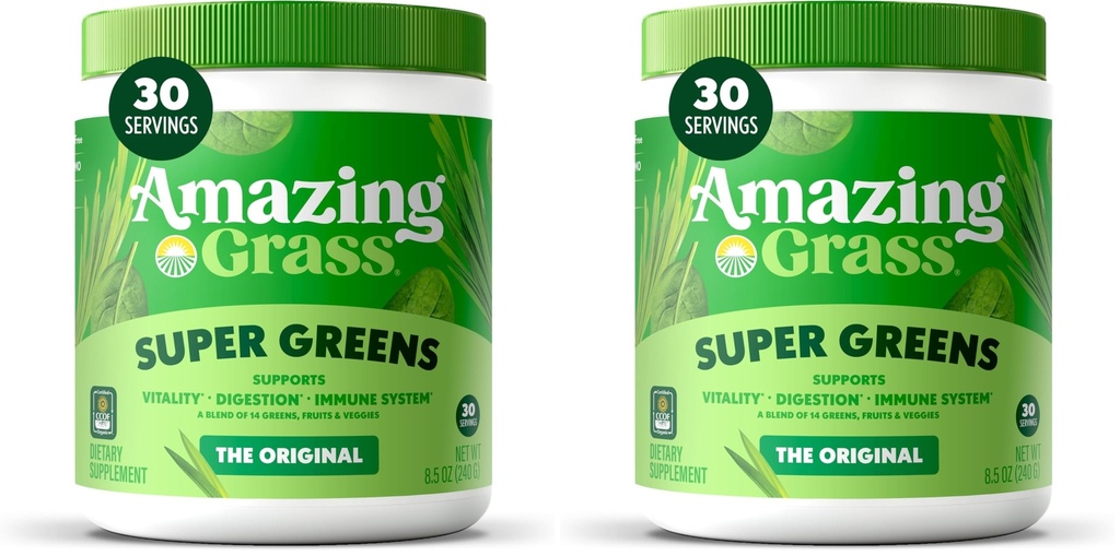 Amazing Grass Greens Blend Superfood:Greens Powder Mix for Energy,with Organic Spirulina,Chlorella,Beet Root Powder,Digestive Enzymes & Probiotics,Original,(Packaging May Vary),30 Servings,(Pack of 2)